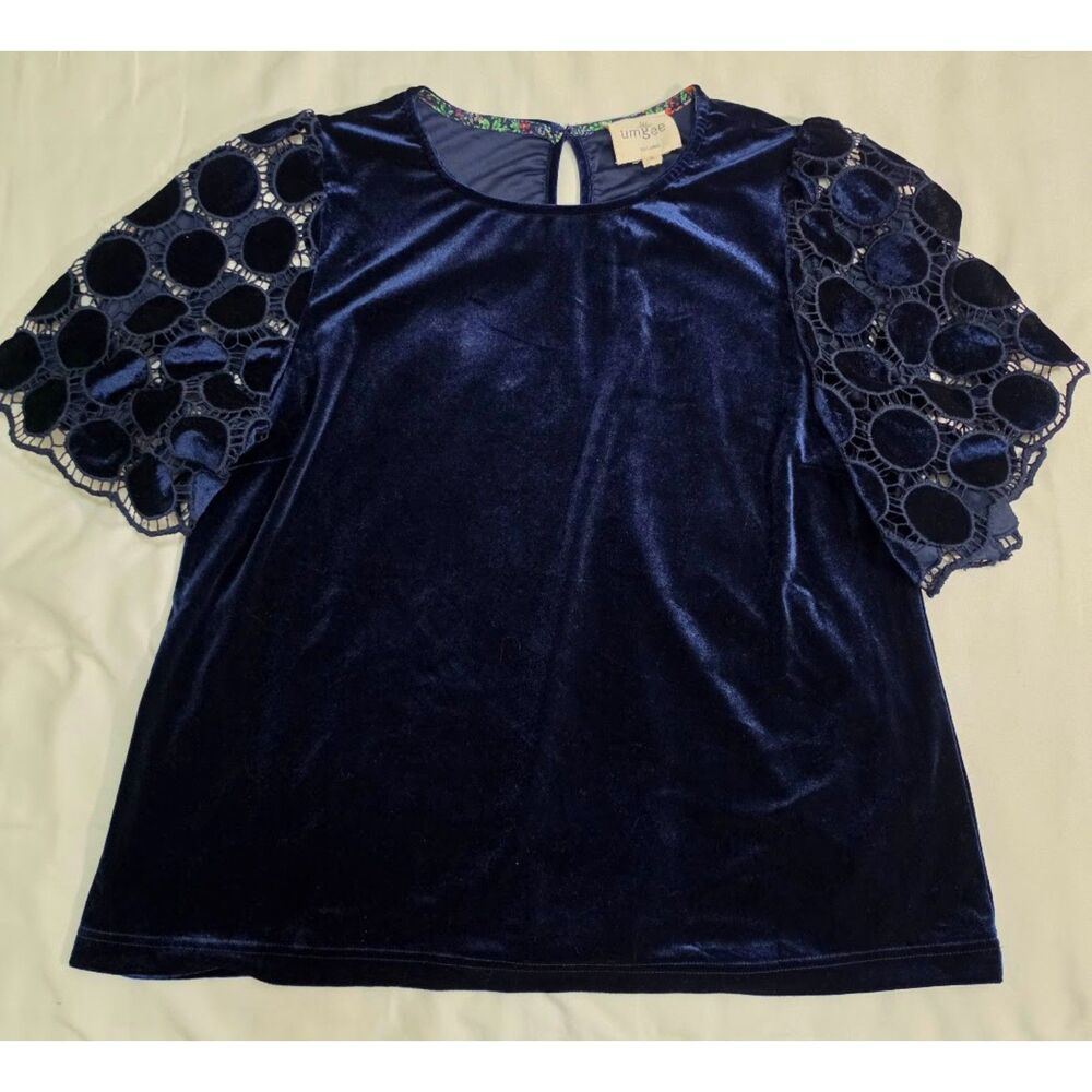 Umgee Velvet Top with Dotted Lace Sleeves Navy Blue S
